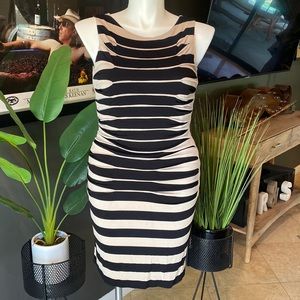 Betsey Johnson Cream and Black Horizontal Pleated Stripe Body Con Mini Dress
